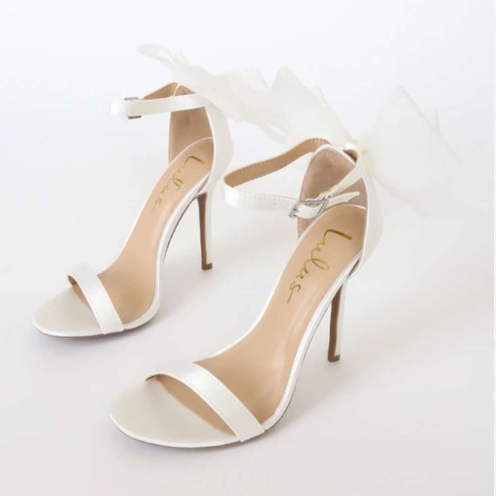 Lulu’s‎ Ayanna Ivory Satin Bow Ankle Strap High Heel Wedding Special Occasion